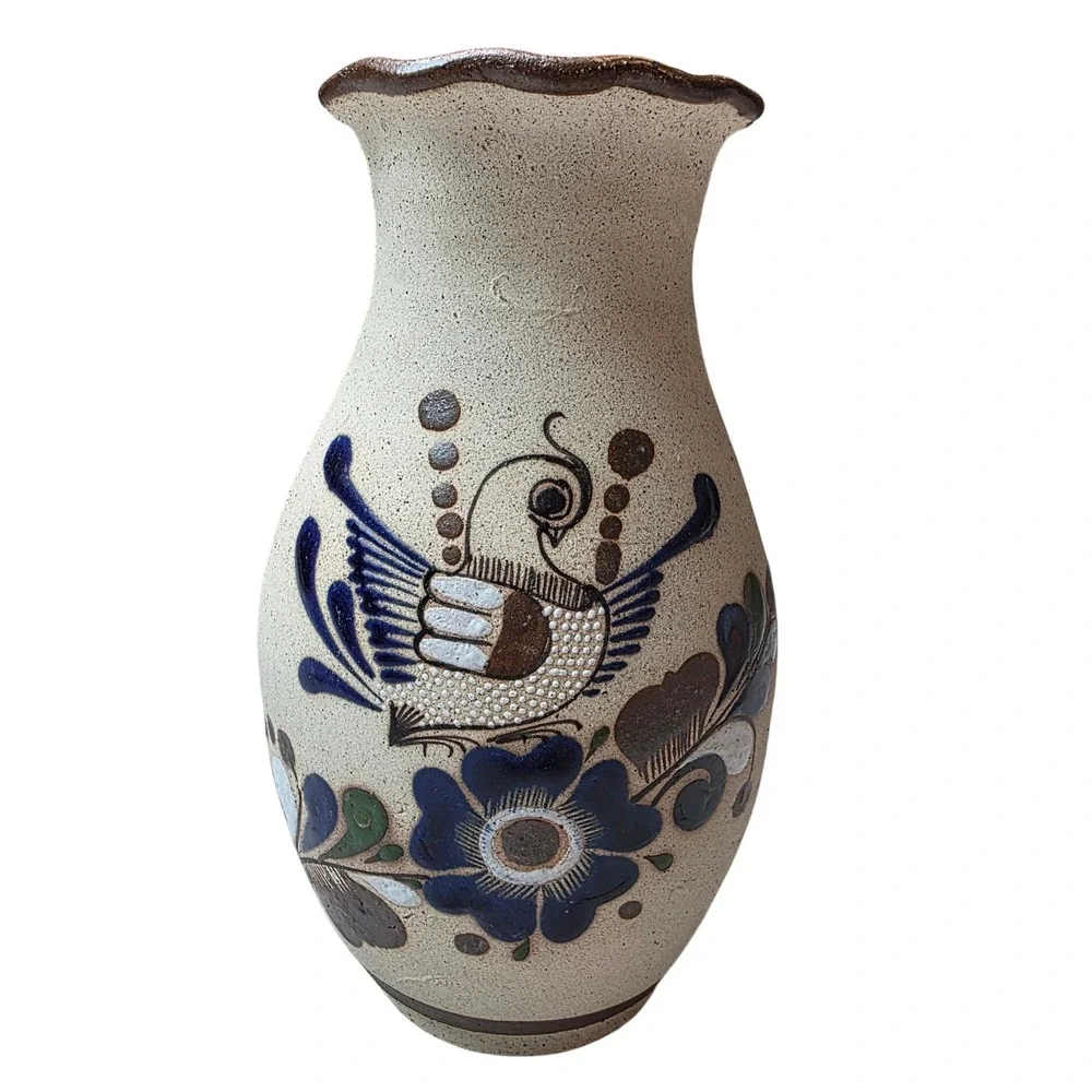 Vintage Tonala Mexican Pottery Vase Hand Painted Bird Floral Scalloped‎ 9.25
